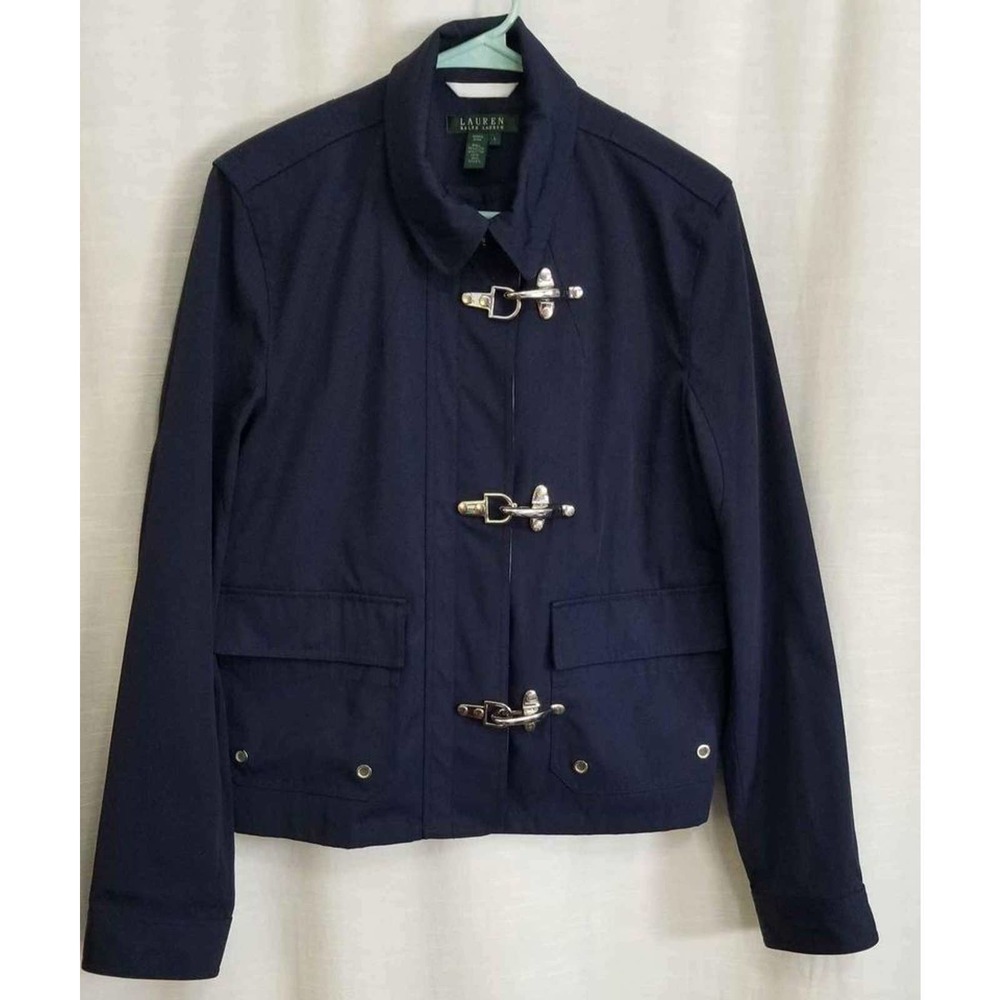 New! Lauren Ralph Lauren Navy Nylon Silver Clasp Jacket Size Large. - Picture 1 of 7
